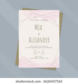 Elegant Golden Pink Polygonal Geometric Frame Wedding Invitation Card Printable Paper Sheet Or Document Mockup Vector Design
