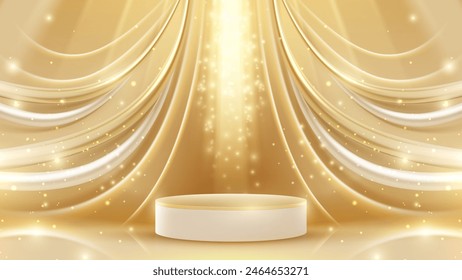 Elegant golden podium set against draped curtains with sparkling lights, perfect for award ceremonies and high-end events. Vector illustration.