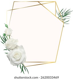 Elegant golden polygonal frame decorated with a bouquet of white roses and green leaves, perfect for wedding invitations or romantic projects
