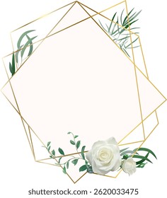 Elegant golden polygonal frame decorated with white roses, eucalyptus, and other green leaves, creating a sophisticated and romantic design