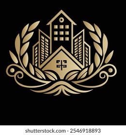 Elegant Golden Real Estate Emblem with Building and Laurel Ornament on Black Background