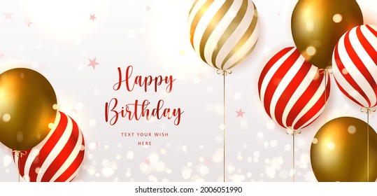 Elegant golden red striped balloon Happy Birthday celebration card banner template background