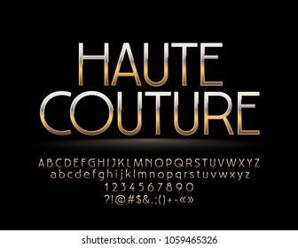 Elegant Golden reflective Sign Haute Couture. Chic style Font. Elite Alphabet Letters, Numbers and Symbols