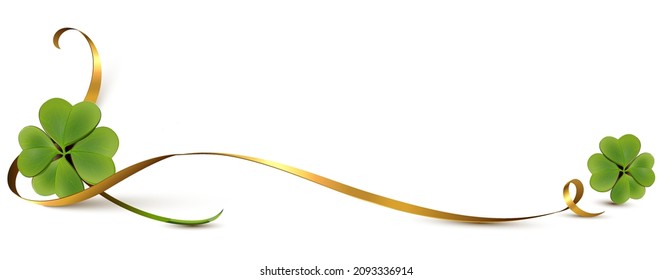 Elegant golden ribbon with two four leaf clovers. Banner with copy space