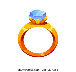 Elegant golden ring with large blue gemstone for Valentine day symbolizes luxury, elegance, and commitment for themes related to love and engagement. Isolated vector sophisticated gold proposal ring