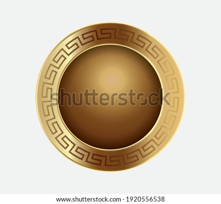 Elegant golden Roman shield. Spartan shield. Ancient golden shield. Pharaoh shields of ancient Egypt. A plate of ancient Egypt. Golden plate.