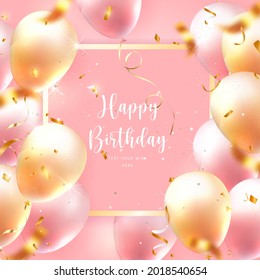 Elegant golden rose pink balloon square frame and party popper ribbon Happy Birthday celebration card banner template