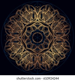 Elegant golden round element of stylized flowers with smooth lines. Abstract decorative floral pattern.