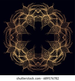 Elegant golden round element of stylized flowers with smooth lines. Abstract decorative floral pattern.