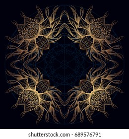 Elegant golden round element of stylized flowers with smooth lines. Abstract decorative floral pattern.