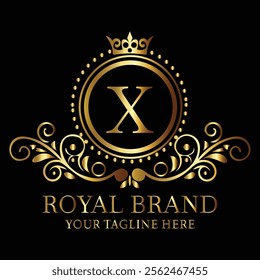 Elegant golden royal brand logo X design with ornate detailing and luxurious monogram for premium appeal  
