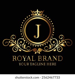 Elegant golden royal brand logo J design with ornate detailing and luxurious monogram for premium appeal  
