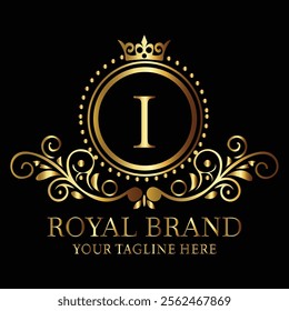 Elegant golden royal brand logo I design with ornate detailing and luxurious monogram for premium appeal  
