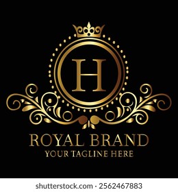 Elegant golden royal brand logo H design with ornate detailing and luxurious monogram for premium appeal  
