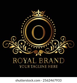 Elegant golden royal brand logo O design with ornate detailing and luxurious monogram for premium appeal  
