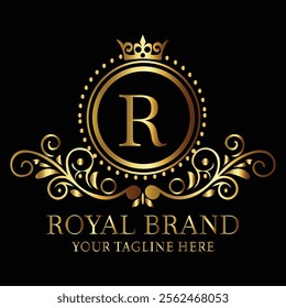 Elegant golden royal brand logo R design with ornate detailing and luxurious monogram for premium appeal  
