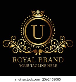 Elegant golden royal brand logo U design with ornate detailing and luxurious monogram for premium appeal  
