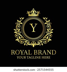 Elegant golden royal brand logo with letter Y and ornamental crown design for luxury businesses  
