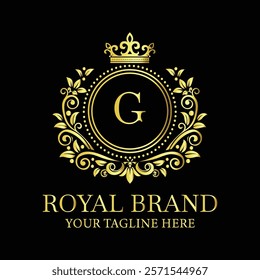 Elegant golden royal brand logo with letter G and ornamental crown design for luxury businesses  
