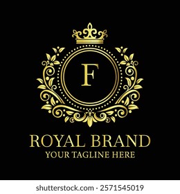 Elegant golden royal brand logo with letter F and ornamental crown design for luxury businesses  
