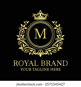 Elegant golden royal brand logo with letter M and ornamental crown design for luxury businesses  
