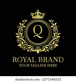 Elegant golden royal brand logo with letter Q and ornamental crown design for luxury businesses  
