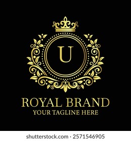 Elegant golden royal brand logo with letter U and ornamental crown design for luxury businesses  
