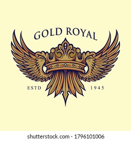 Elegant Golden Royal Crown with wings. Luxurious Logo for your business and company