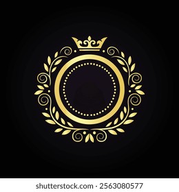 Elegant Golden Royal Frame with Crown Design on Black Background  
