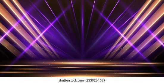 Elegant golden scene diagonal glowing with purple lighting effect sparkle on black background. Template premium award design. Vector illustration