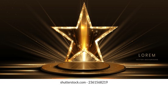 Elegant golden scene diagonal glowing with star lighting effect sparkle on black background. Template circle podium premium award design. Vector illustration