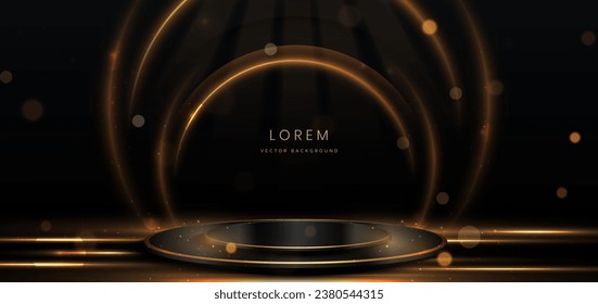 Elegant golden scene diagonal glowing with star lighting effect sparkle on black background. Template circle podium premium award design. Vector illustration