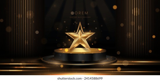 Elegant golden scene diagonal glowing with star lighting effect sparkle on black background. Template circle podium premium award design. Vector illustration