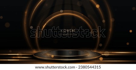 Elegant golden scene diagonal glowing with star lighting effect sparkle on black background. Template circle podium premium award design. Vector illustration