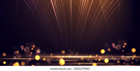 Elegante escena dorada vertical resplandeciente con efecto de iluminación brillante y bokeh sobre fondo negro. Diseño de premio de plantilla premium. Ilustración del vector