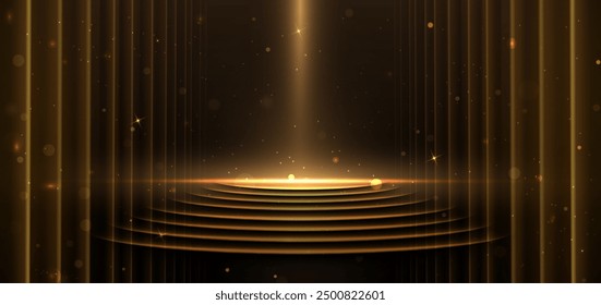 Elegant golden scene vertical glowing with lighting effect sparkle on black background. Template circle podium premium award design. Vector illustration