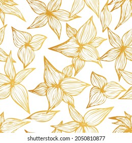 Elegant golden seamless pattern with hand drawn flowers on transparent background. Vector illustration  for wedding invitations, greeting cards, wrapping paper and   fabrics. 