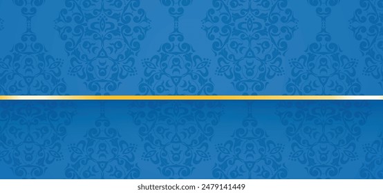 Elegant golden shield with gold crown, filigree decor on ornate envelope blue background. Luxury floral seamless pattern, button-tufted texture, blazon in vintage style. Vector illustration EPS 10.