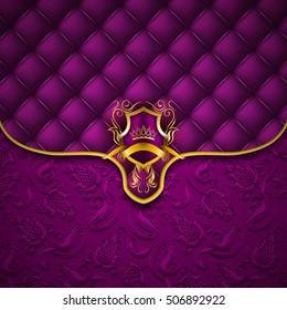 Elegant golden shield with gold crown, filigree decor on ornate envelope purple background. Luxury floral seamless pattern, button-tufted texture, blazon in vintage style. Vector illustration EPS 10.