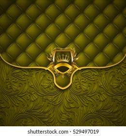 Elegant golden shield with gold crown, filigree decor on ornate envelope green background. Luxury floral seamless pattern, button-tufted texture, blazon in vintage style. Vector illustration EPS 10.