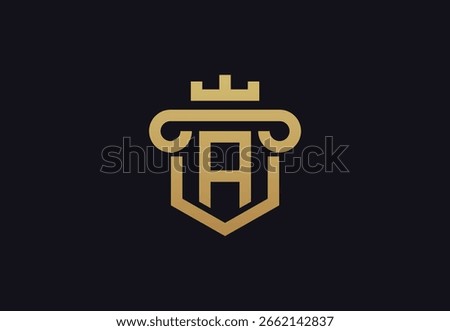 Elegant golden shield logo featuring a crown and classical column capital with the letter A