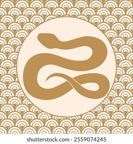 Elegant golden snake in circle frame on patterned background. Symbol of 2025 Chinese New Year. Vector illustration