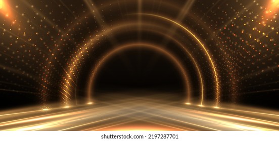 Elegant golden stage circle glowing with lighting effect sparkle on black background. Template premium award design. Vector illustration