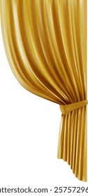 Elegant golden stage curtains, tied with a ribbon, unveiling a bright white backdrop, perfect for showcasing announcements or presentations