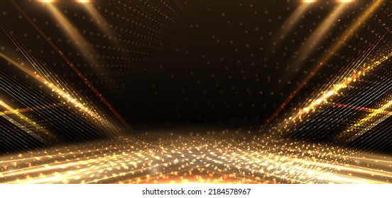 Elegant golden stage diagonal glowing with lighting effect sparkle on black background. Template premium award design. Vector illustration