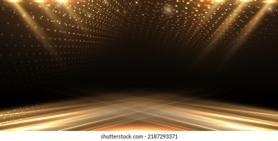 Elegant golden stage diagonal glowing with lighting effect sparkle on black background. Template premium award design. Vector illustration