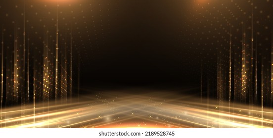 Elegant golden stage diagonal glowing with lighting effect sparkle on black background. Template premium award design. Vector illustration