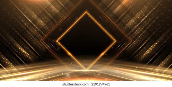 Elegant golden stage diagonal glowing with lighting effect sparkle on black background. Template premium award design. Vector illustration