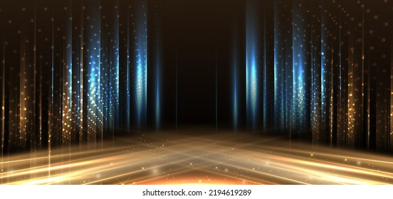 Elegant golden stage diagonal glowing with lighting effect sparkle on black background. Template premium award design. Vector illustration