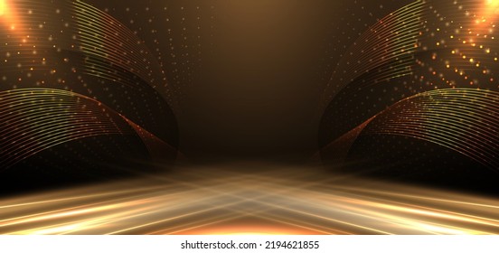 Elegant golden stage diagonal glowing with lighting effect sparkle on black background. Template premium award design. Vector illustration